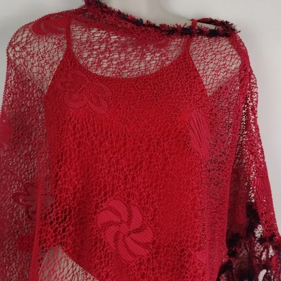 Not Your Mama's Pocncho Red Crocheted Killer Fring Super Cool Must Have Poncho! - Picture 4 of 10